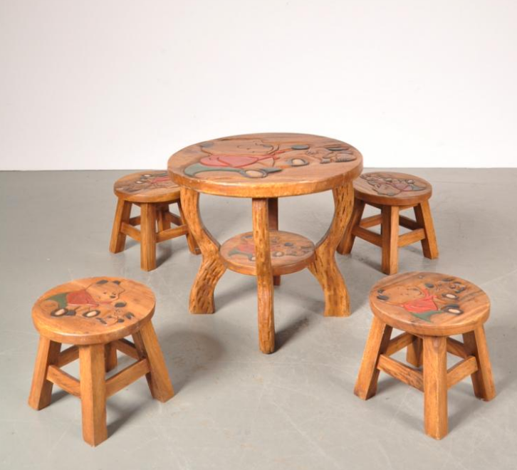 Table children and winnie The Pooh in oak stools, 1950 s