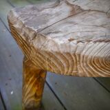 Pair of brutalist tripod stools in grayed pine. France, 1950s