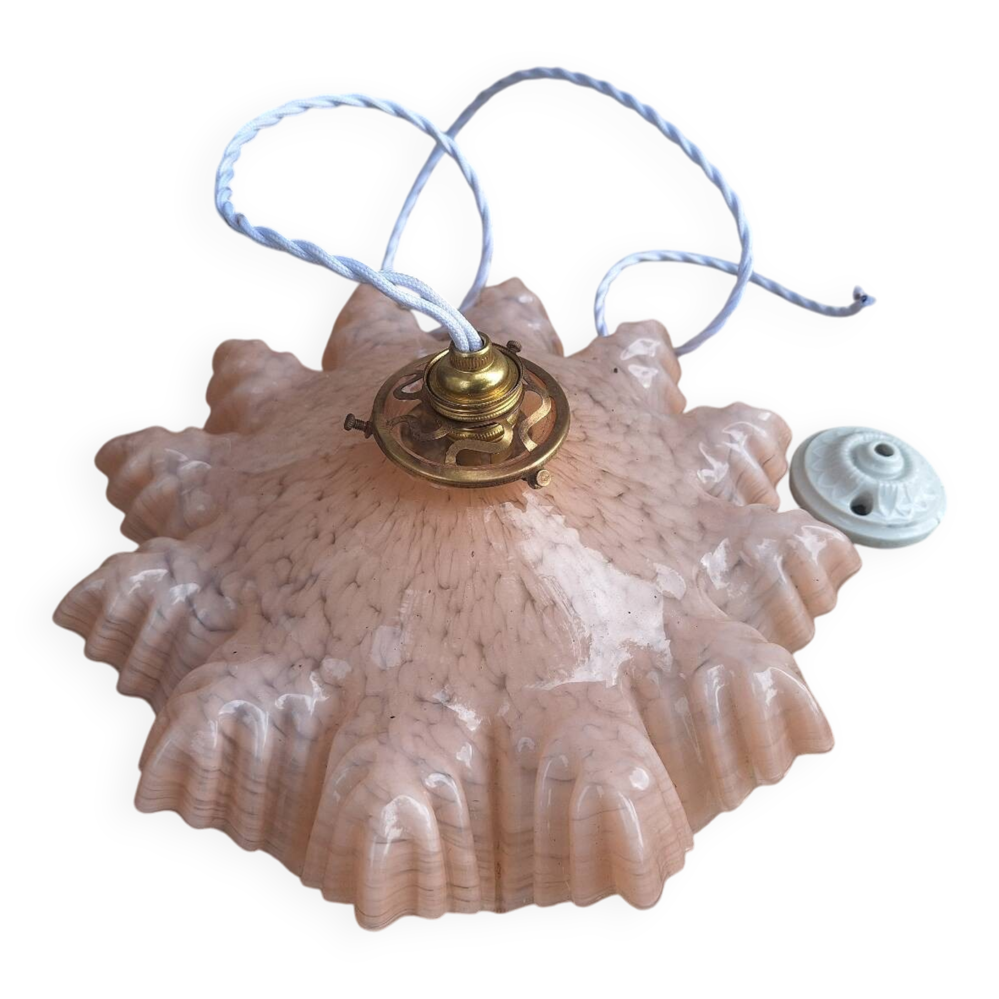 Opaline Pleated Suspension Clichy Rose complete with wire and Ceiling Light