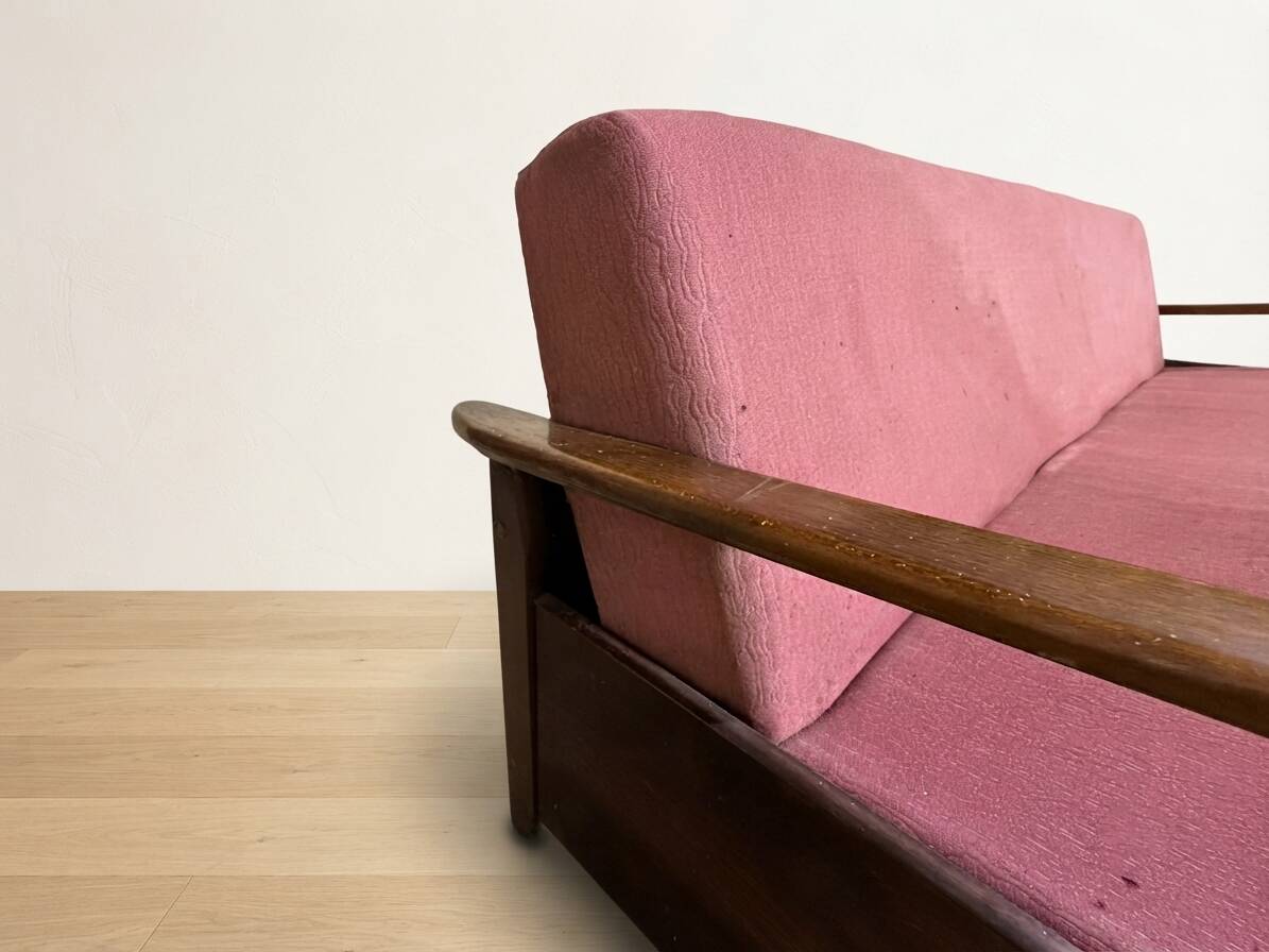 Burgundy folding sofa bed by Edmund Homa, mid-century modern, 1960s, Czechoslovakia, 200 × 88 × 80 cm