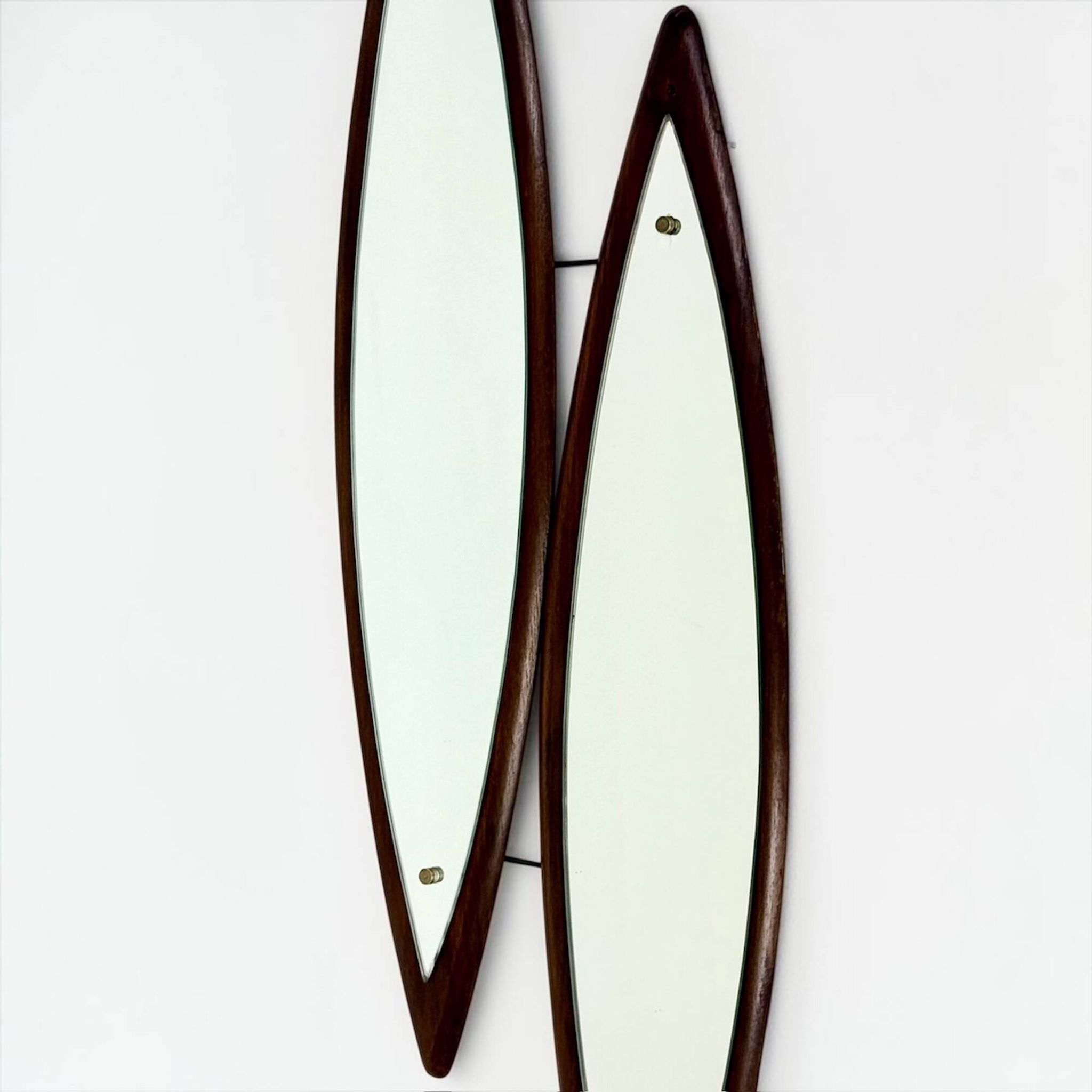Sculptural Double Wall Mirror in Wood and Brass, Italy 1960s