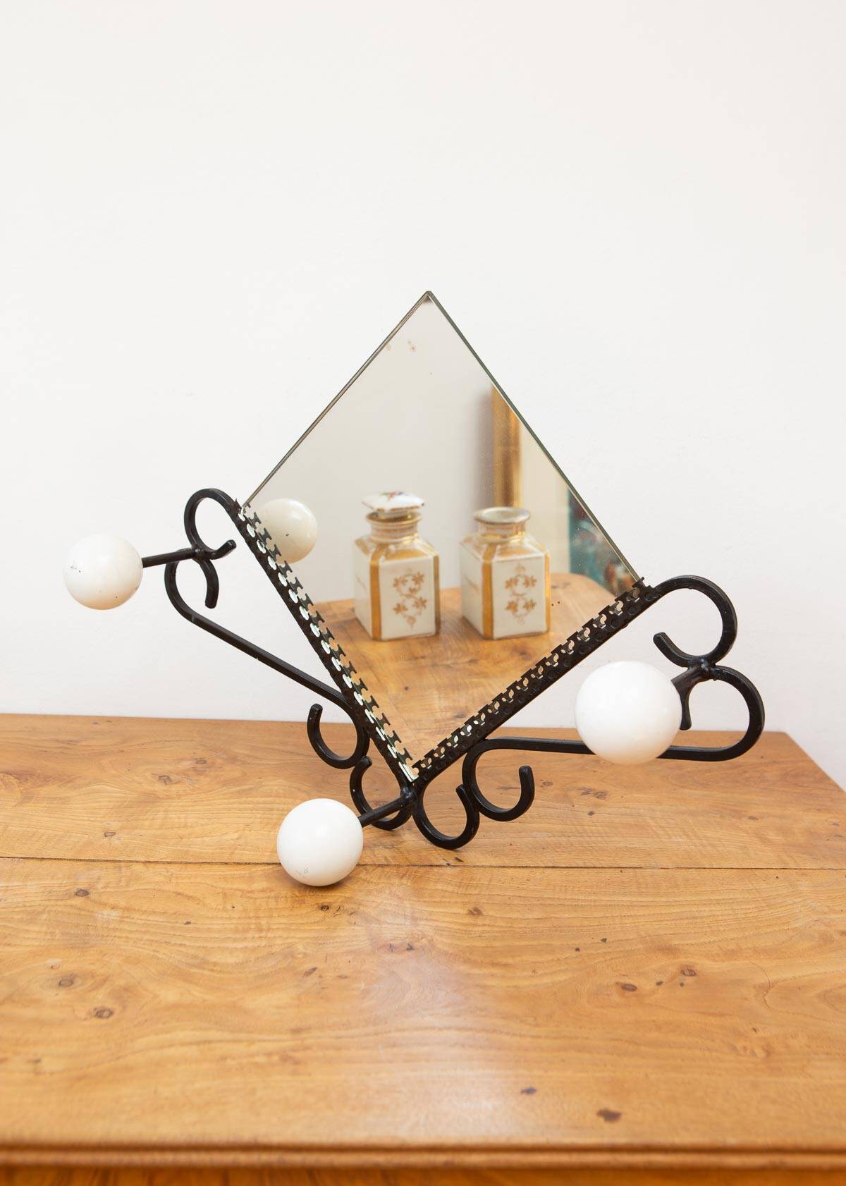 Small French wrought iron coat rack with mirror c. 1950