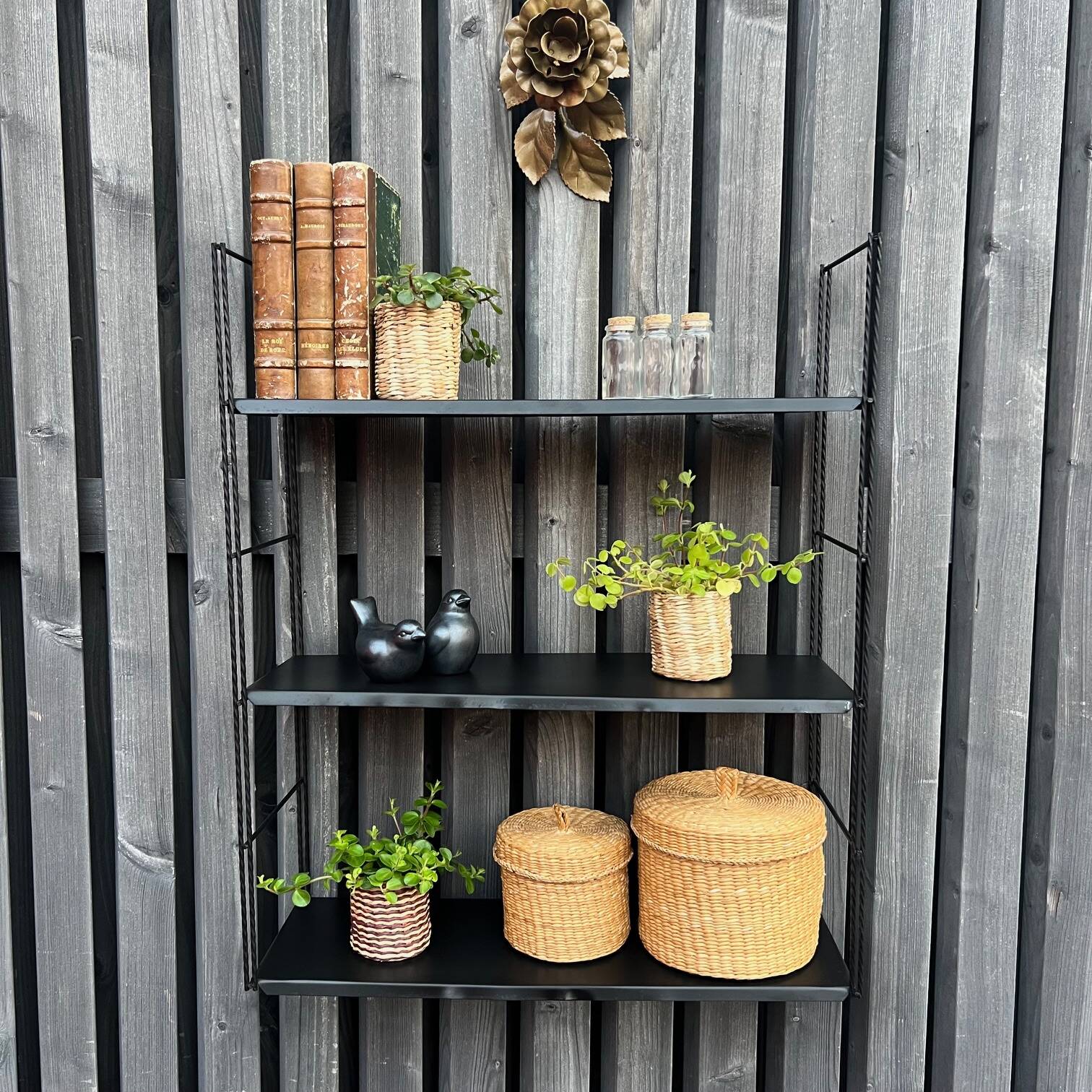 Vintage black metal "string" shelf