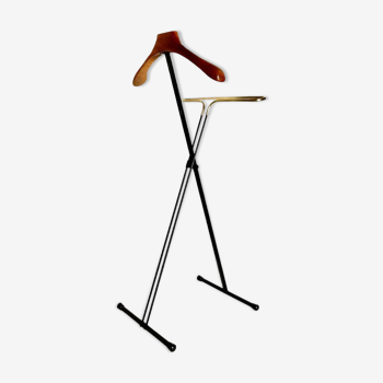 Vintage folding valet stand in wood, iron and brass, Reguitti, Italy 1950s