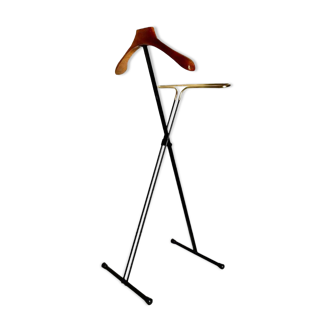 Vintage folding valet stand in wood, iron and brass, Reguitti, Italy 1950s