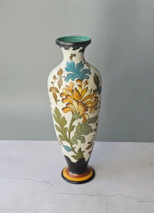 Grand vase floral multicolore en céramique Royal Gouda Porcelain Zuid Holland