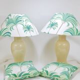 Pair of Tommaso Barbi Riviera palm tree table lamps from the 1970s with matching cushions.