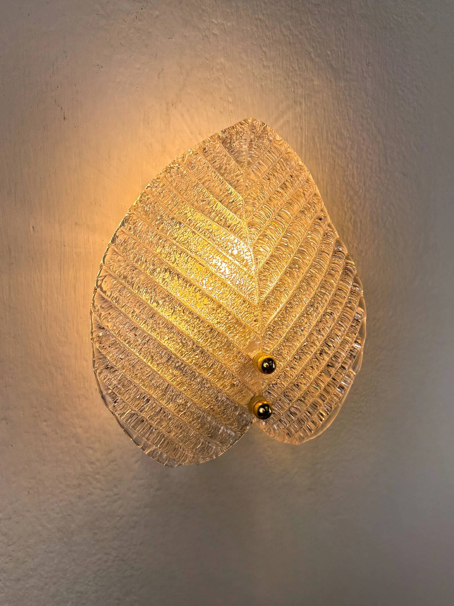 Pair of Murano frosted leaf sconces, textured glass & gilt details, Italy, 1970
