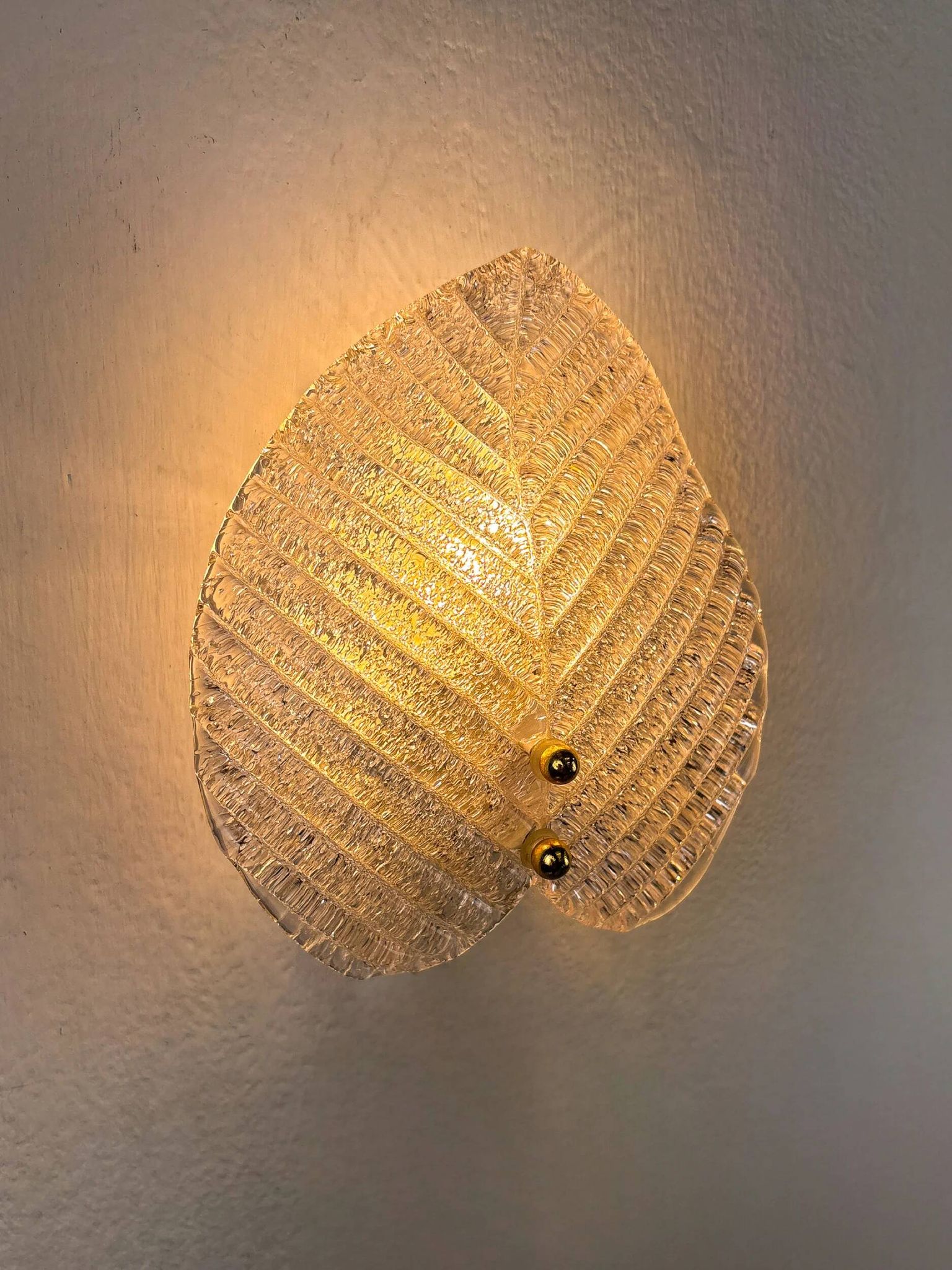 Pair of Murano frosted leaf sconces, textured glass & gilt details, Italy, 1970