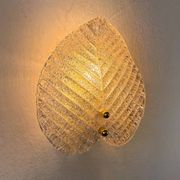 Pair of Murano frosted leaf sconces, textured glass & gilt details, Italy, 1970