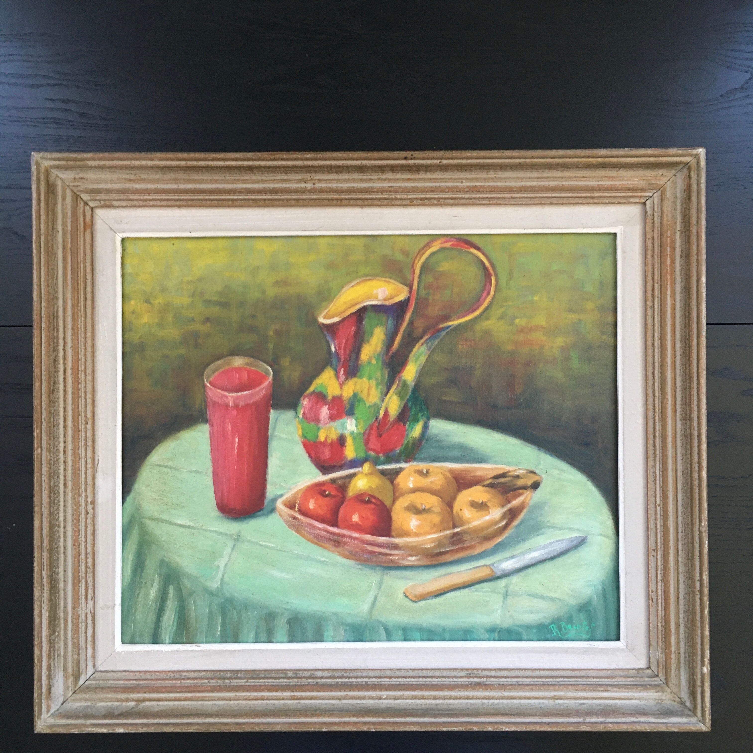 Still life painting with a pitcher and fruit