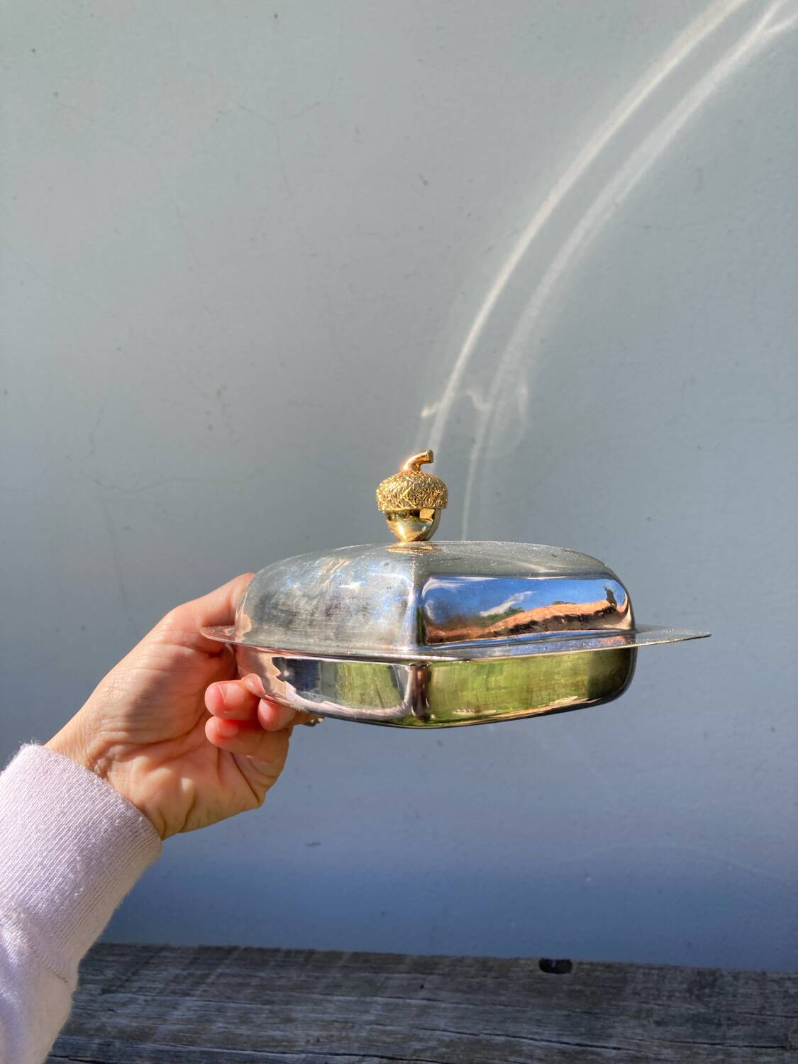 Acorn silver metal butter dish