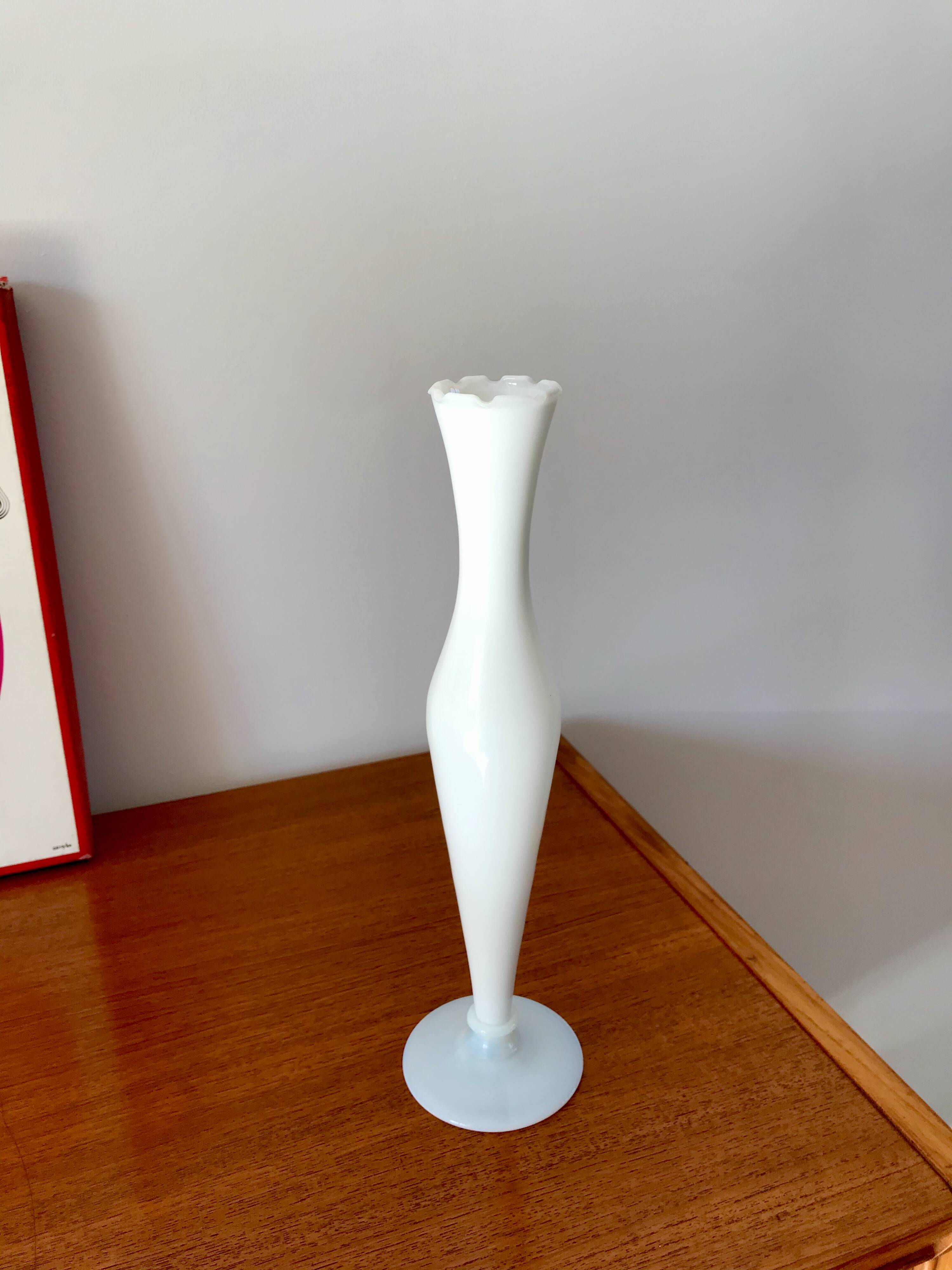 White opaline vase with white feet from the 50s and 60s