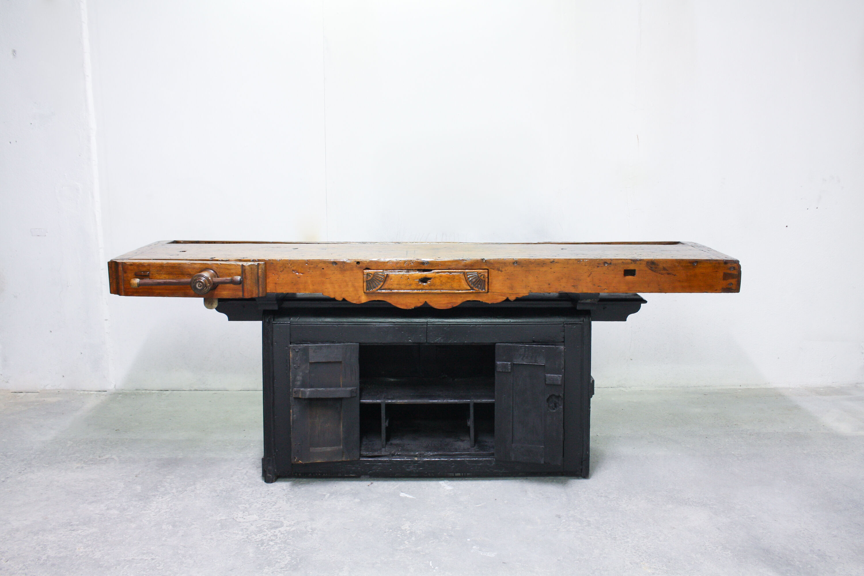 Vintage Portuguese Carpenter's Workbench in wood and black, 1950s
