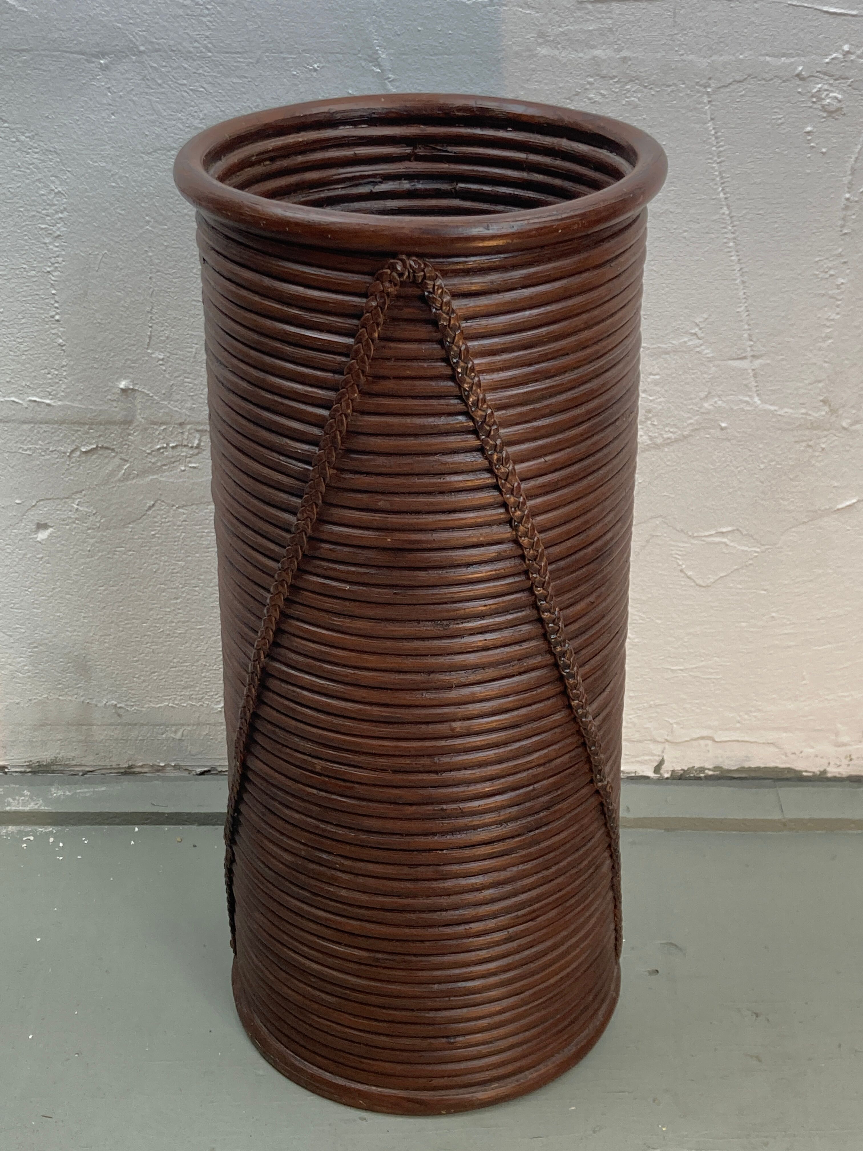 Rattan wicker bamboo pencil reed umbrella stand or basket, 1970s