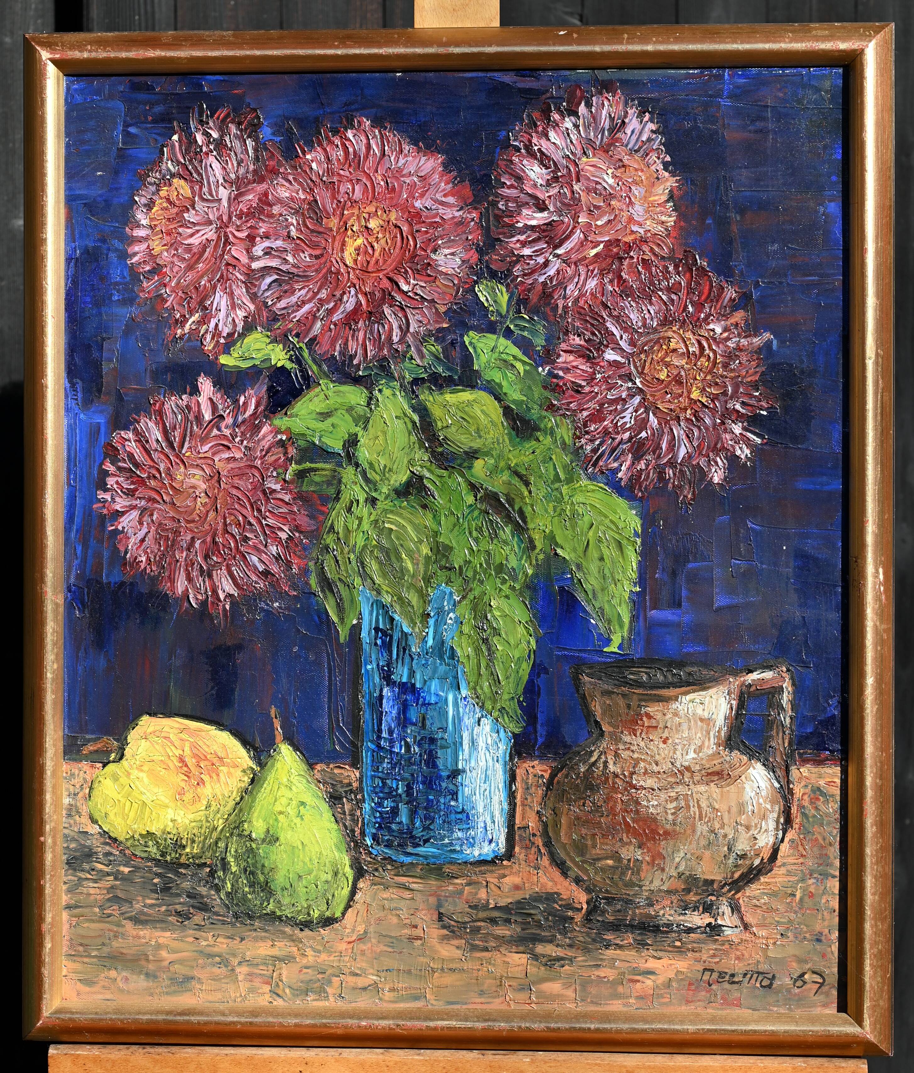 Oil on canvas flowers fruits signed dated 1967