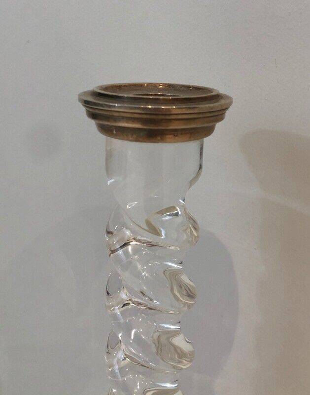 Pair of twisted plexiglass and silver-plated candlesticks