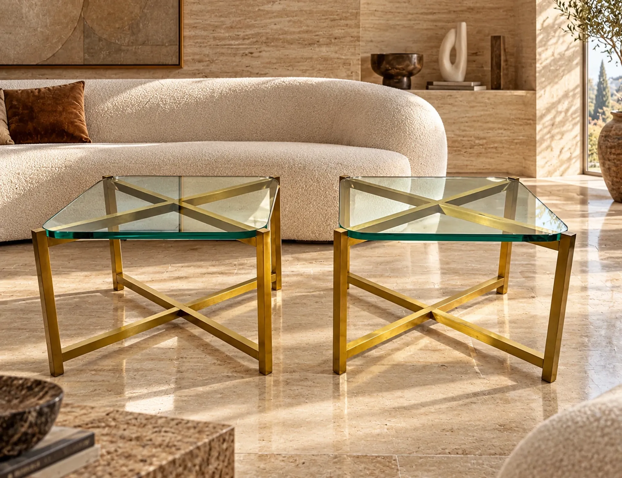 Pair of Italian brass and glass side tables from the 1970s.