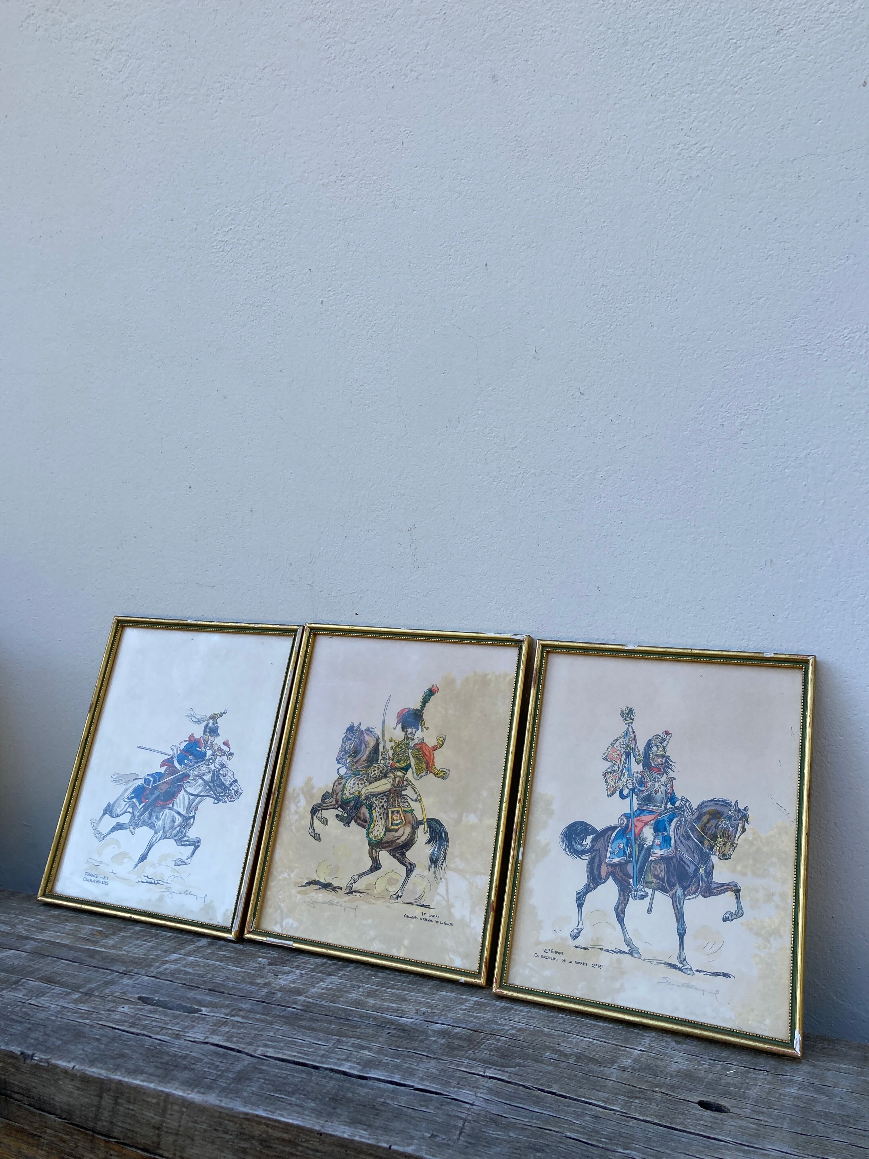 3 old engravings of horses / triptych riders golden frame
