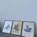 3 old engravings of horses / triptych riders golden frame