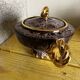 Vallauris ceramic sugar bowl, burgundy and gilded, by Marius Giuge