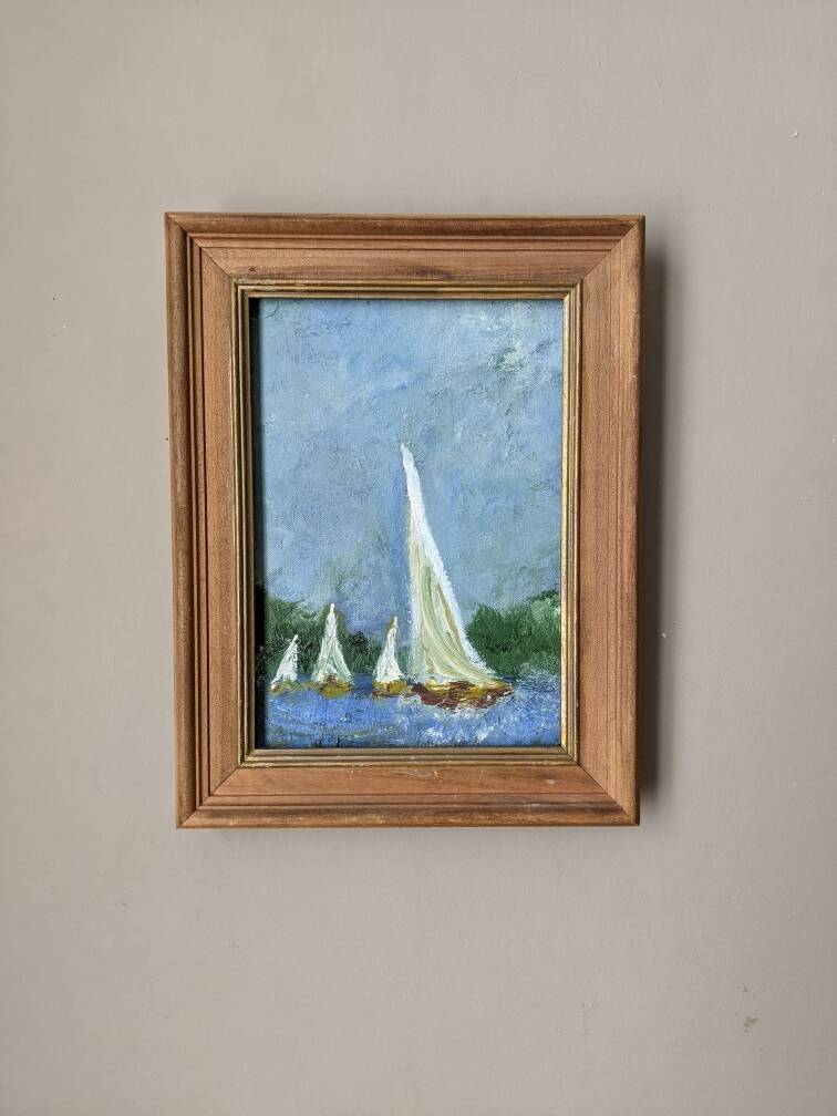 Old acrylic painting on canvas sailboats boats seaside
