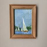 Old acrylic painting on canvas sailboats boats seaside