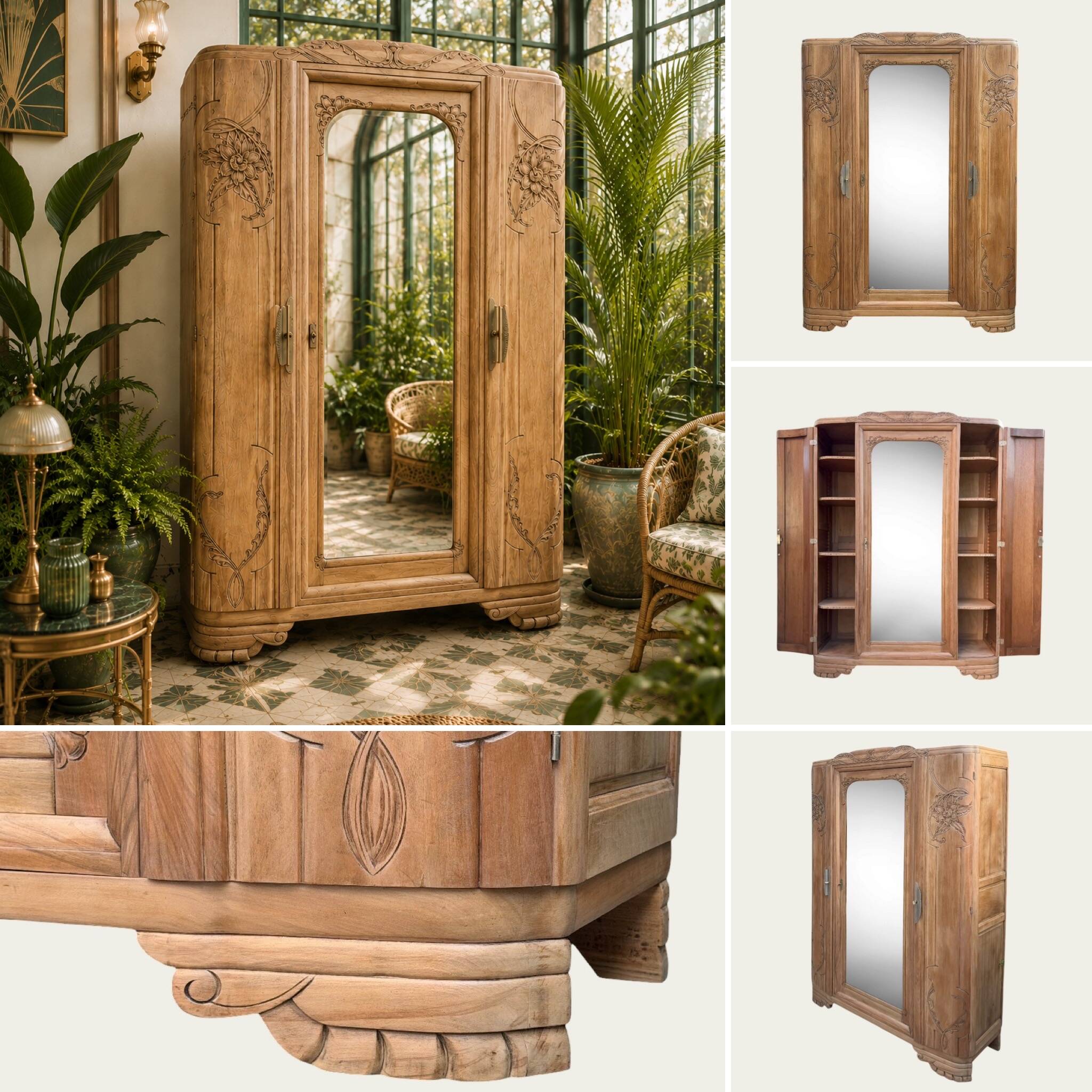 Art Deco wardrobe with bevelled mirror in solid raw walnut.