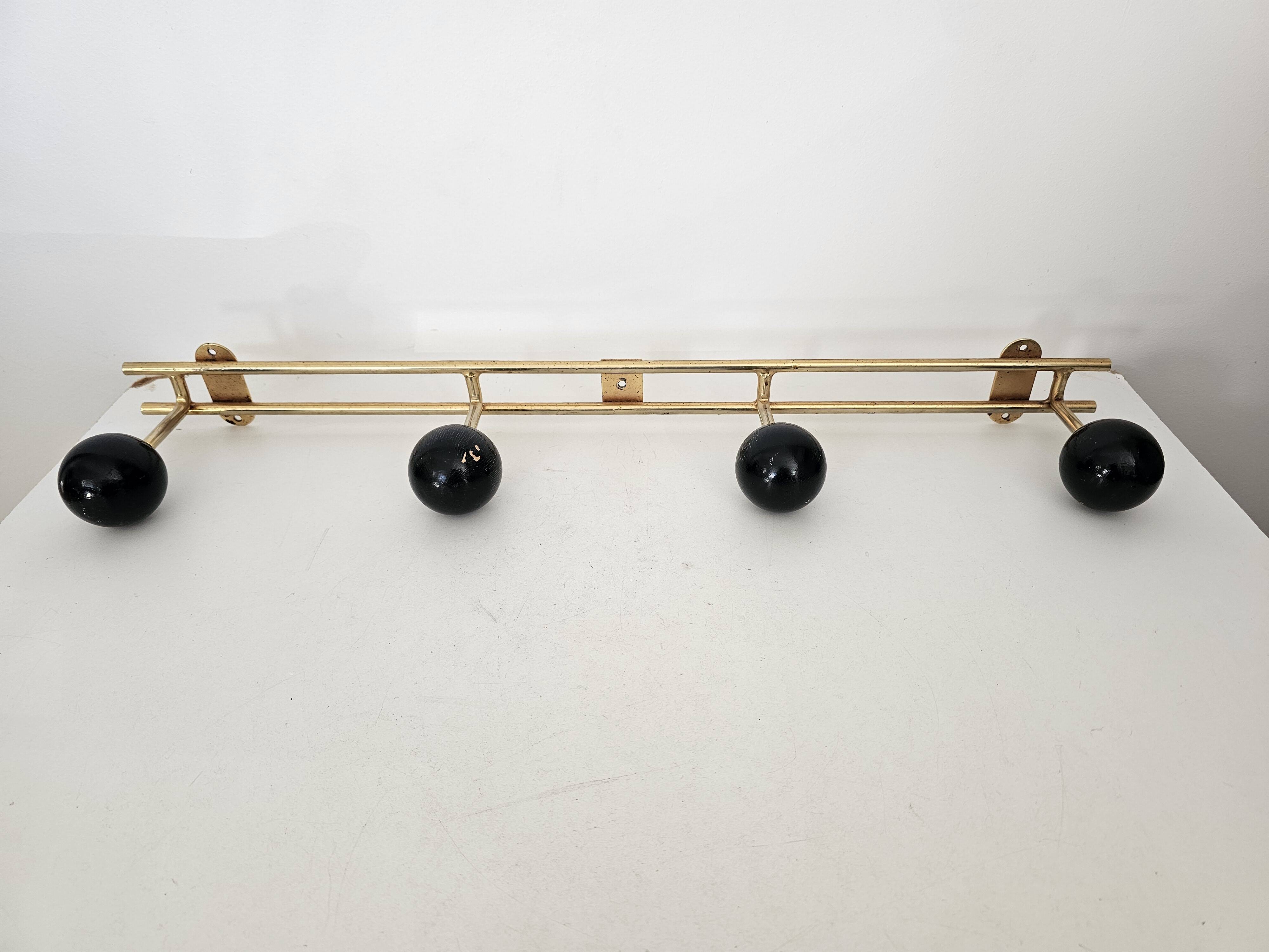 Vintage brass coat rack with black wooden ball (4 hooks)