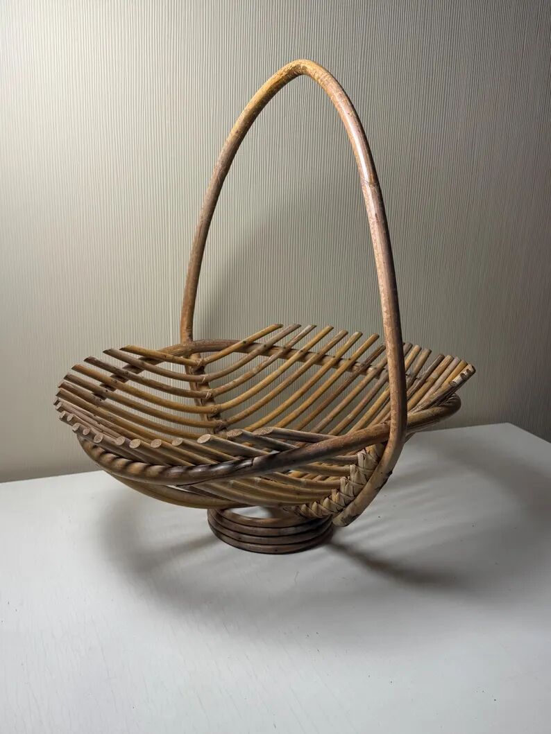 Vintage bamboo and rattan fruit bowl – Large fruit basket, boho chic / Riviera, retro centrepiece – Mid-Century 60s design