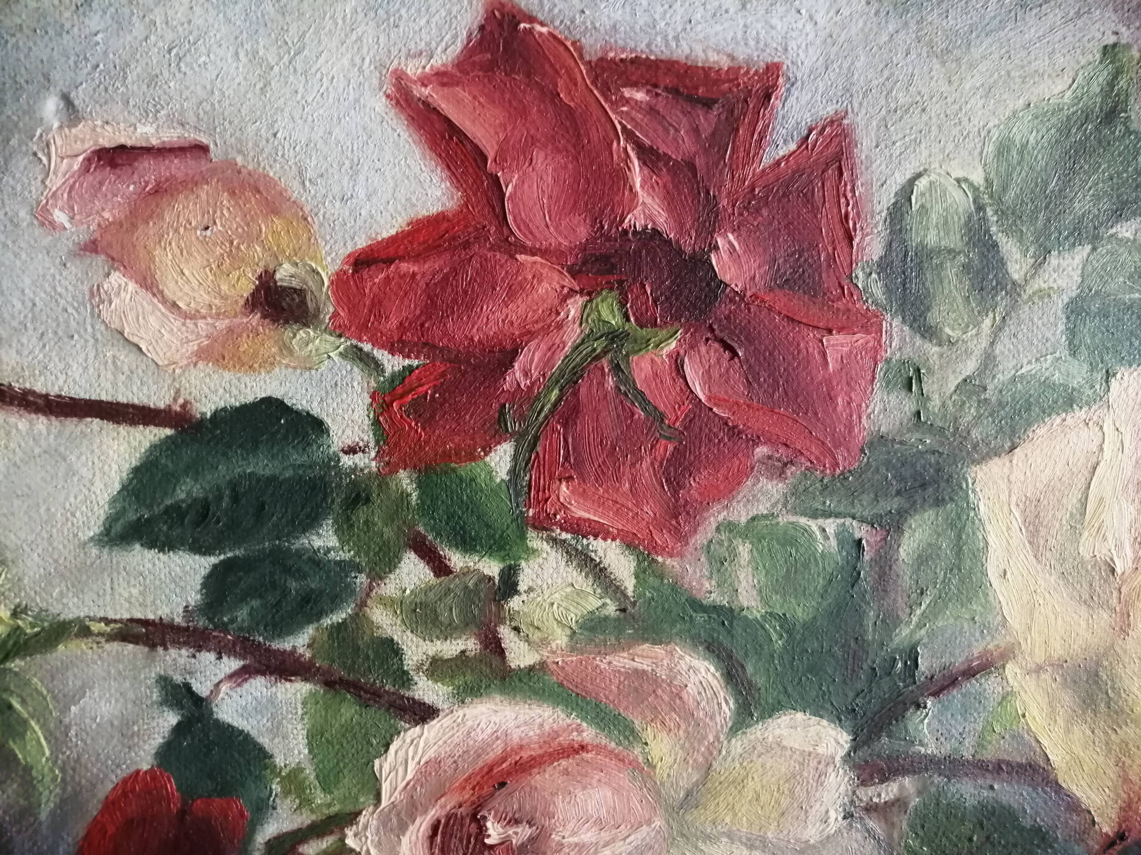 Oil on still life panel with roses