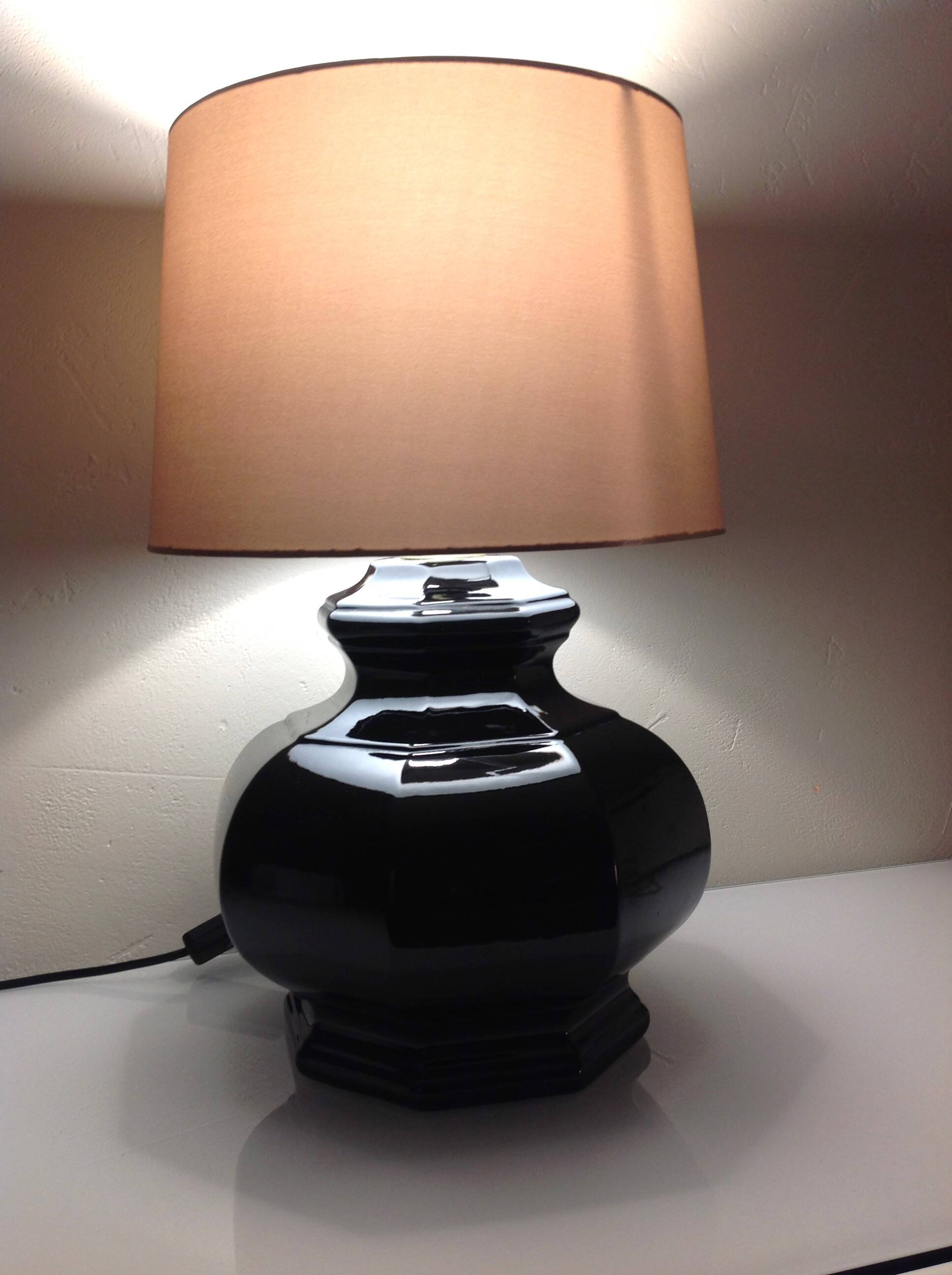 Octagonal black ceramic lamp and gold lampshade / vintage 70s