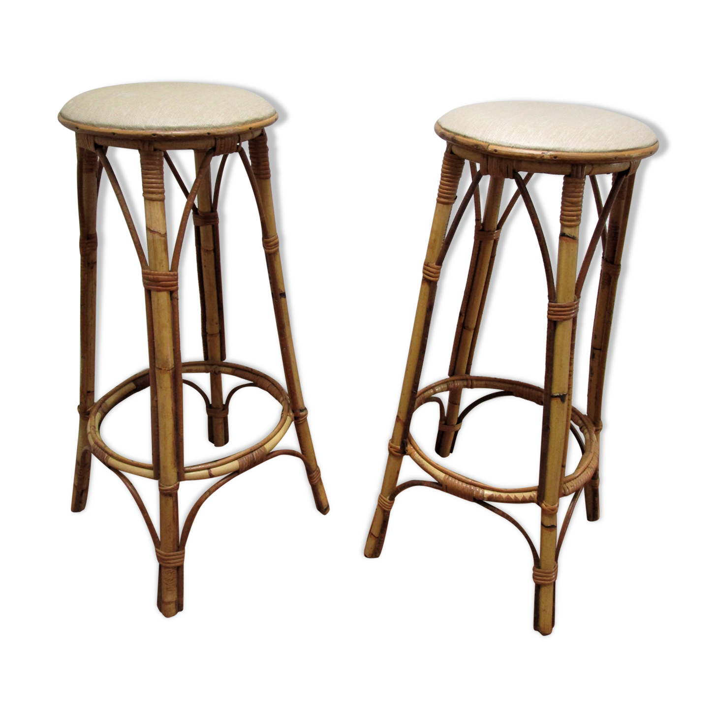 Pair of rattan bar stools and vintage bamboo