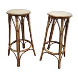 Pair of rattan bar stools and vintage bamboo