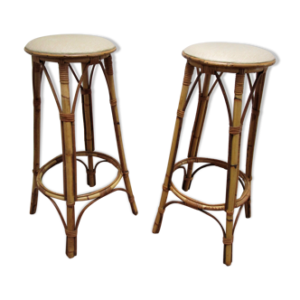 Pair of rattan bar stools and vintage bamboo