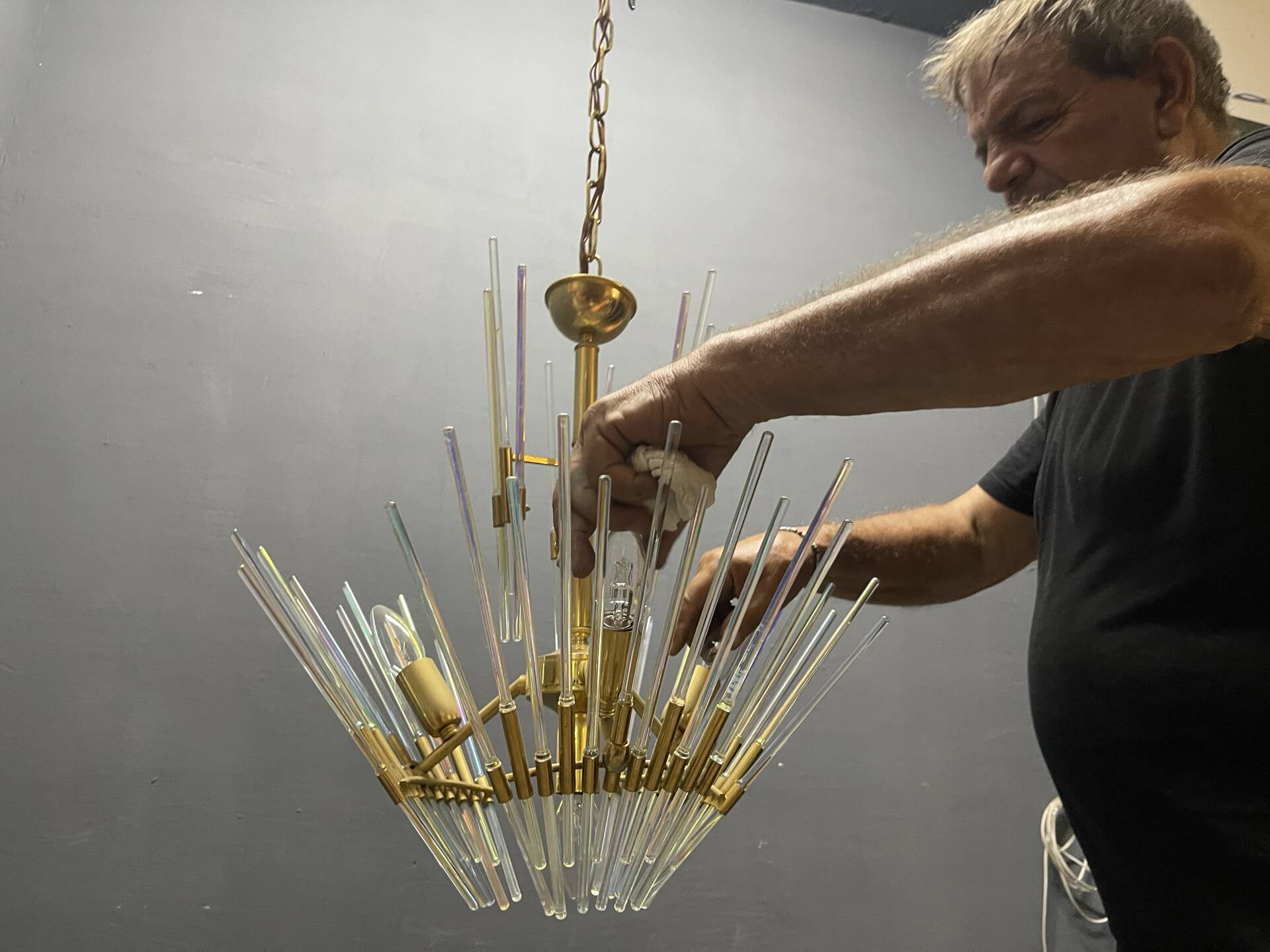 Murano Glass Rod Brass Chandelier, Italy, 1970s
