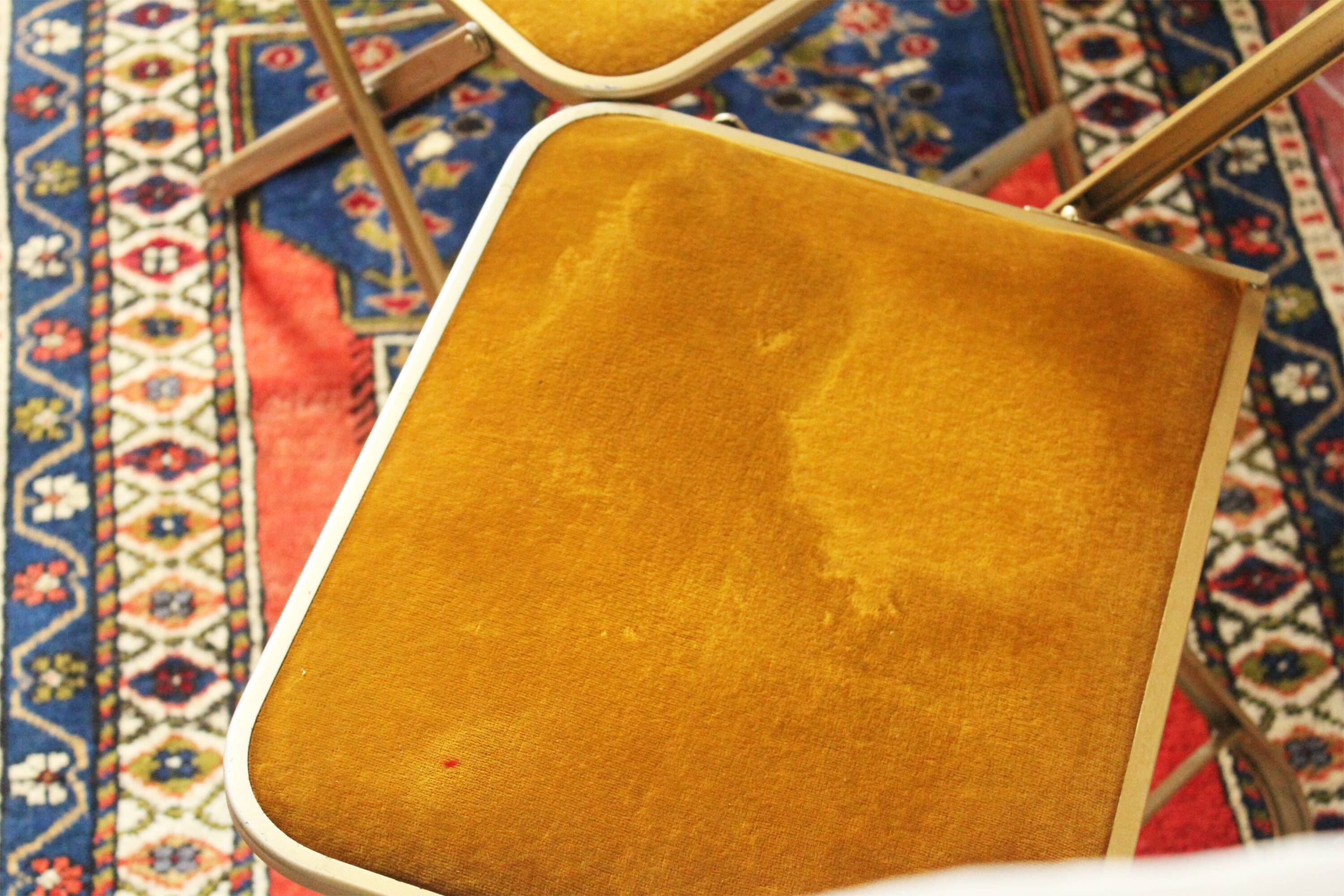 Folding chaisor chairs, gold structure and vintage golden yellow velvet