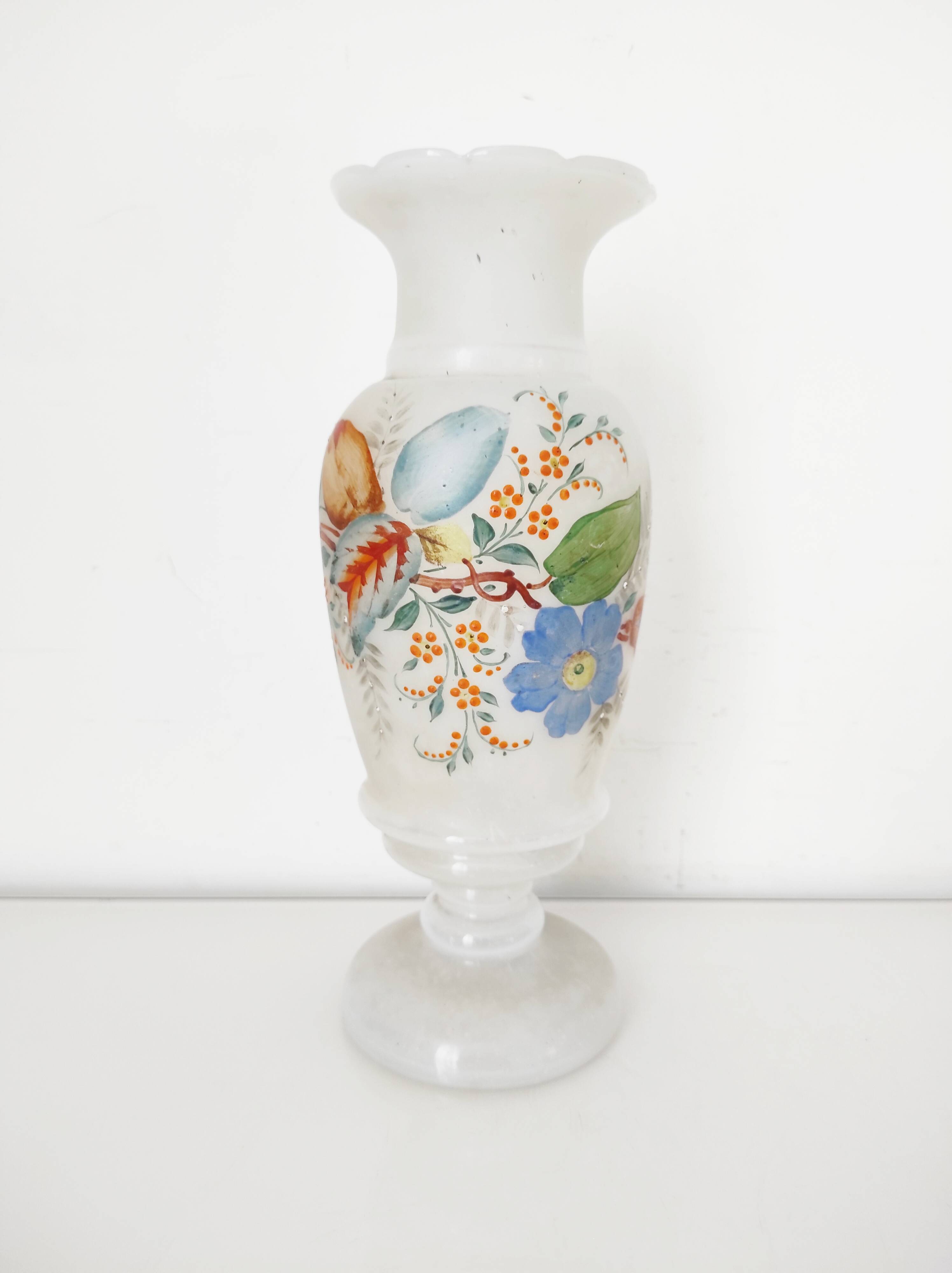 Opaline glass vase with hand-painted flowers, 1900