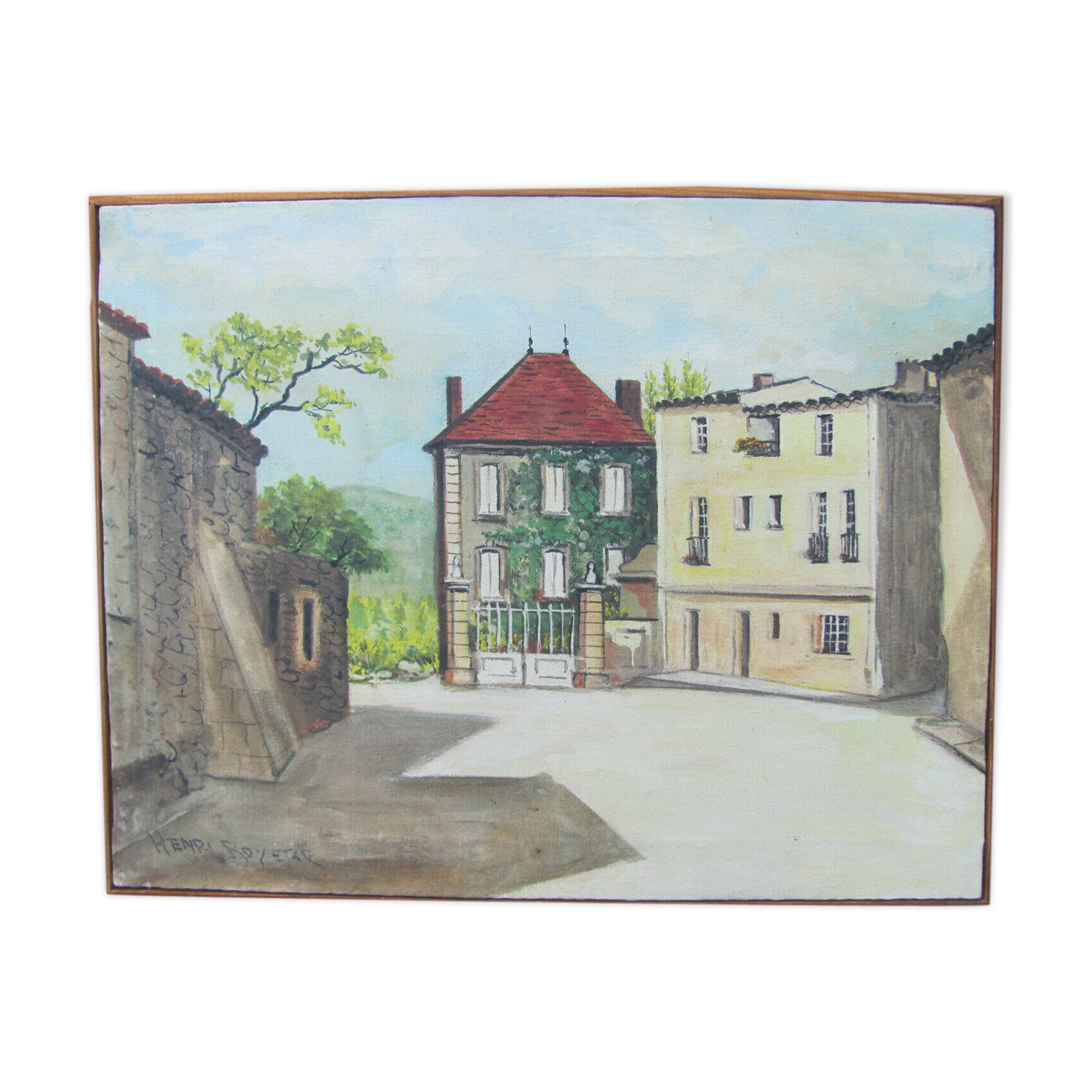 Painting - village square - south of france - naive art