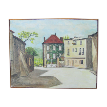 Tableau - place de village - sud de la france - art naïf