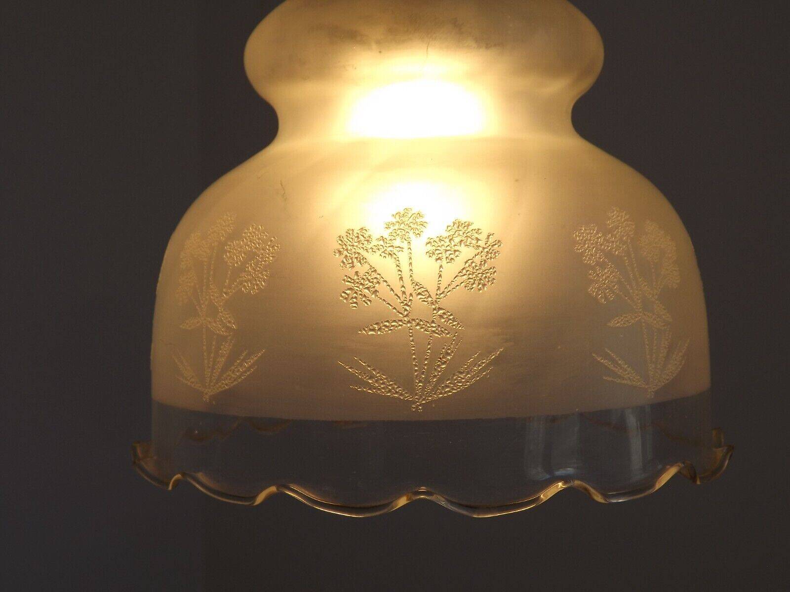 Vintage French pendant ceiling light in white glass decorated with flowers 4722