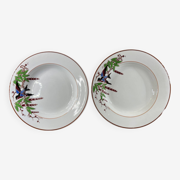 2 Longwy soup plates, Bengali model, bird decor