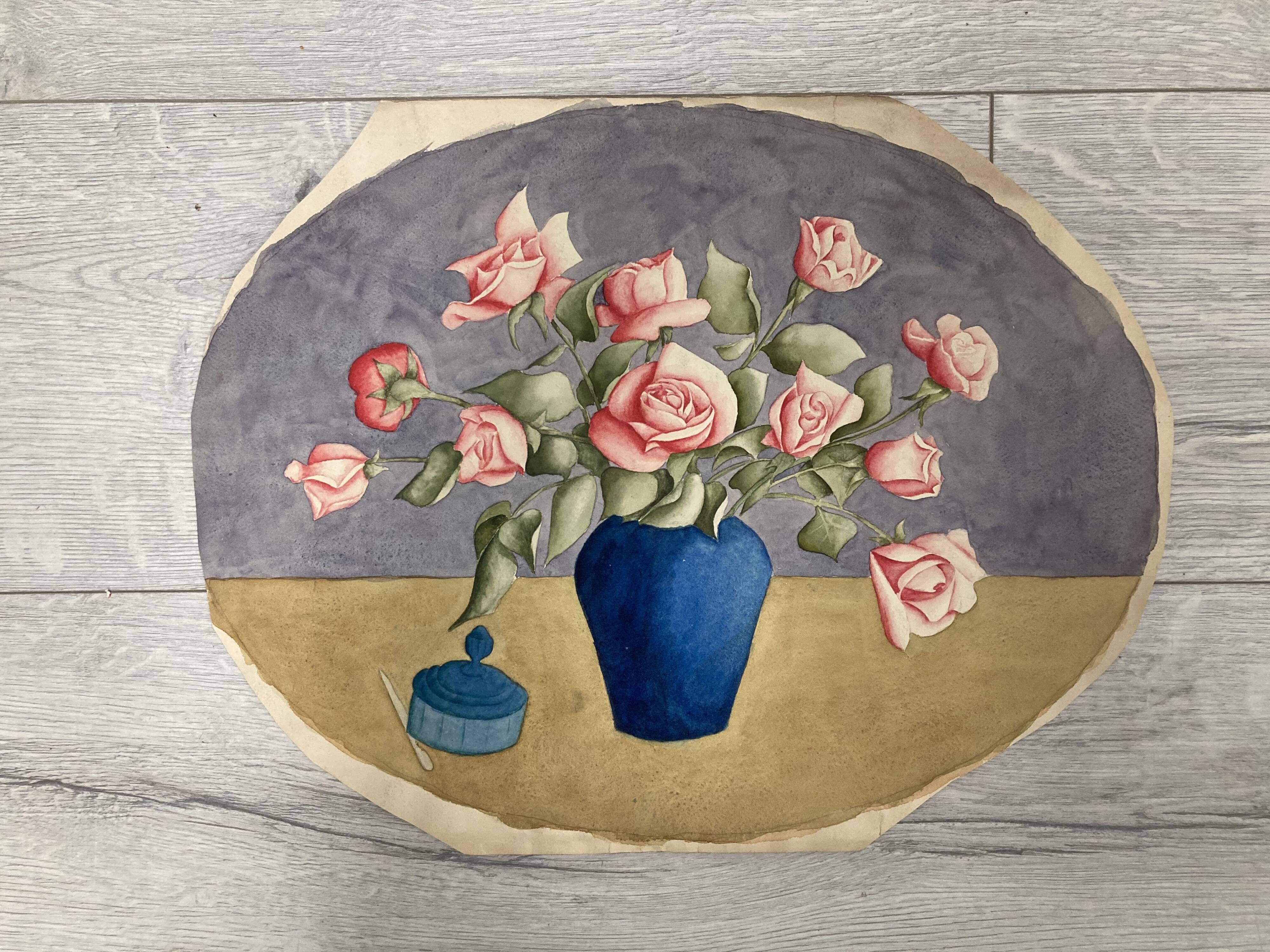 Watercolor with vintage double-sided rose bouquets