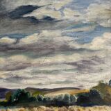 Oil on panel haystacks 20th century whitewashed frame