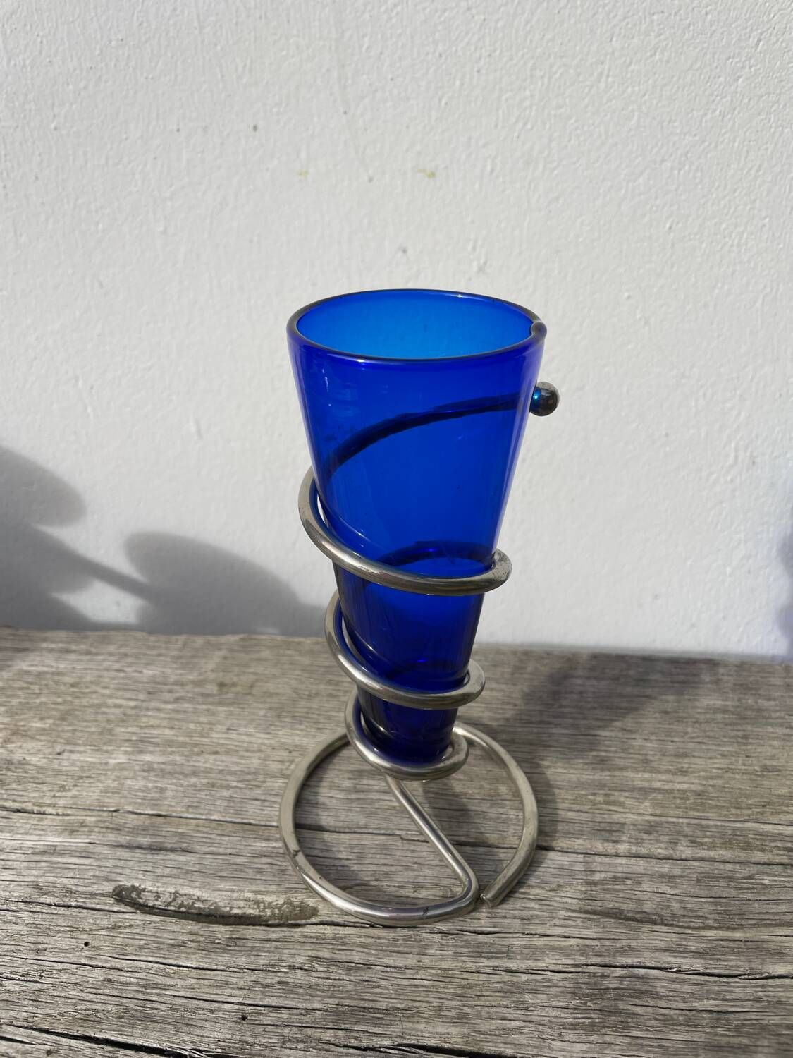 Small vase in cobalt blue glass and metal, 1980