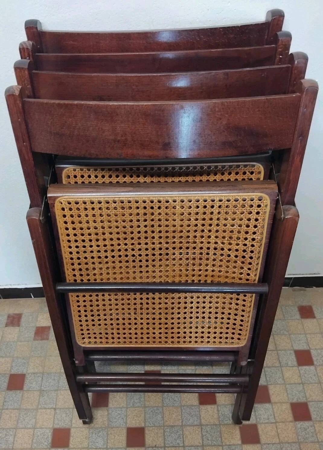 Set of 4 vintage 1970s folding chairs in wood and caning