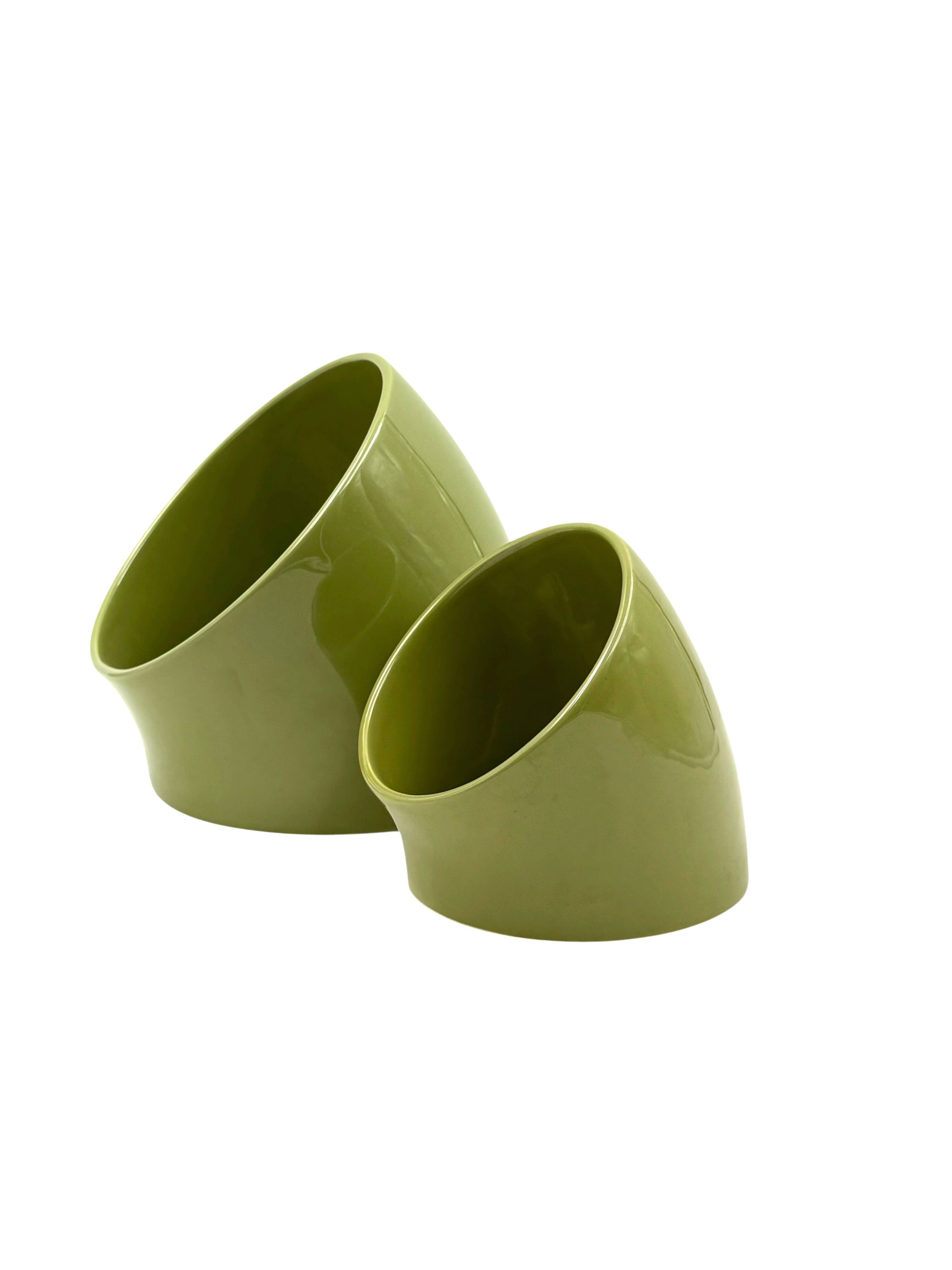 Space age set of 2 green ceramic vide poche, Sicart Italy ca. 1970