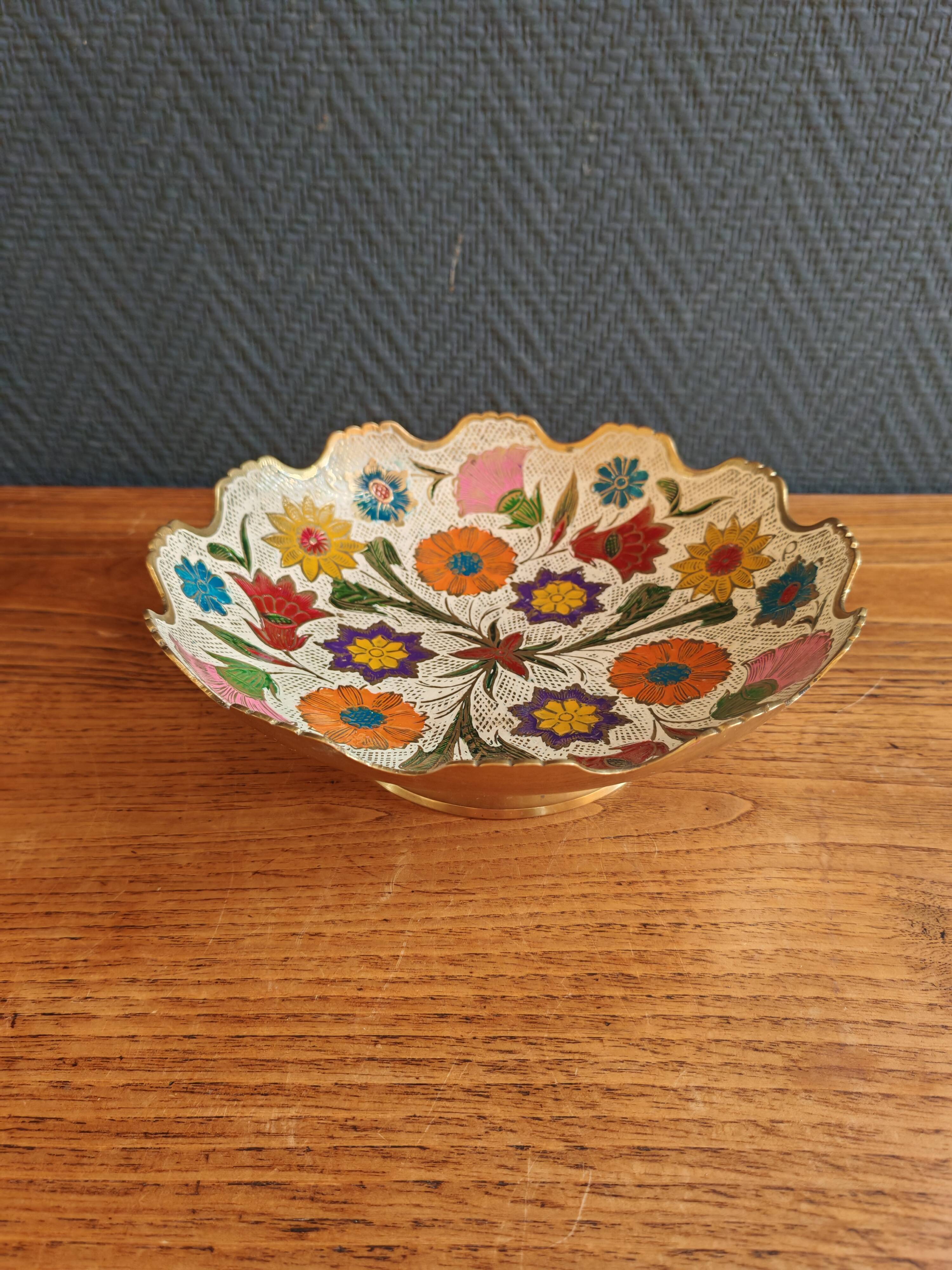 Vintage Enamelled Brass Fruit Bowl – Floral Centrepiece with Edge Fe