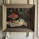 Oil on canvas 20th century still life with fruit and cloth, whitewashed frame