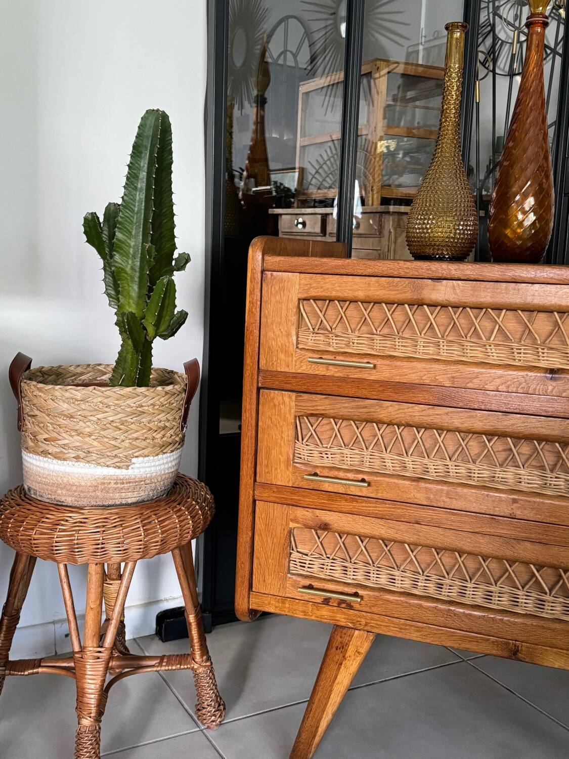 Old vintage wooden and rattan chest of drawers